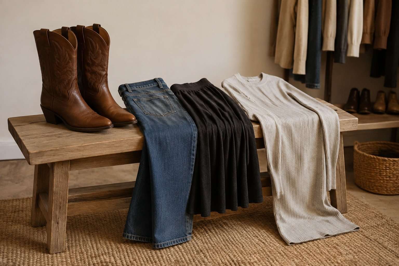 Botas cowboy marrones junto a vaqueros, falda oscura y vestido claro.