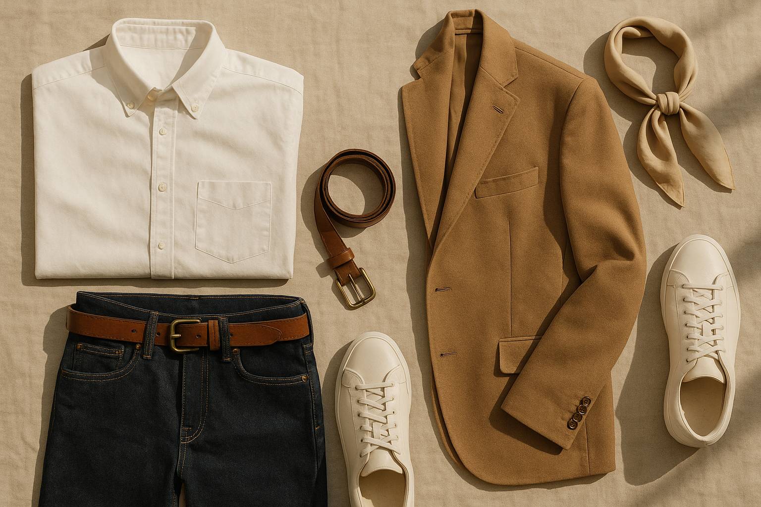 Composición apaisada tipo flat lay en fondo de lino beige: camisa blanca impecable, vaqueros índig...